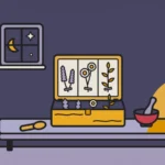 Ilustración: una caja de madera con plantas secas ordenadas como en un herbario, un mortero y una cuchara.