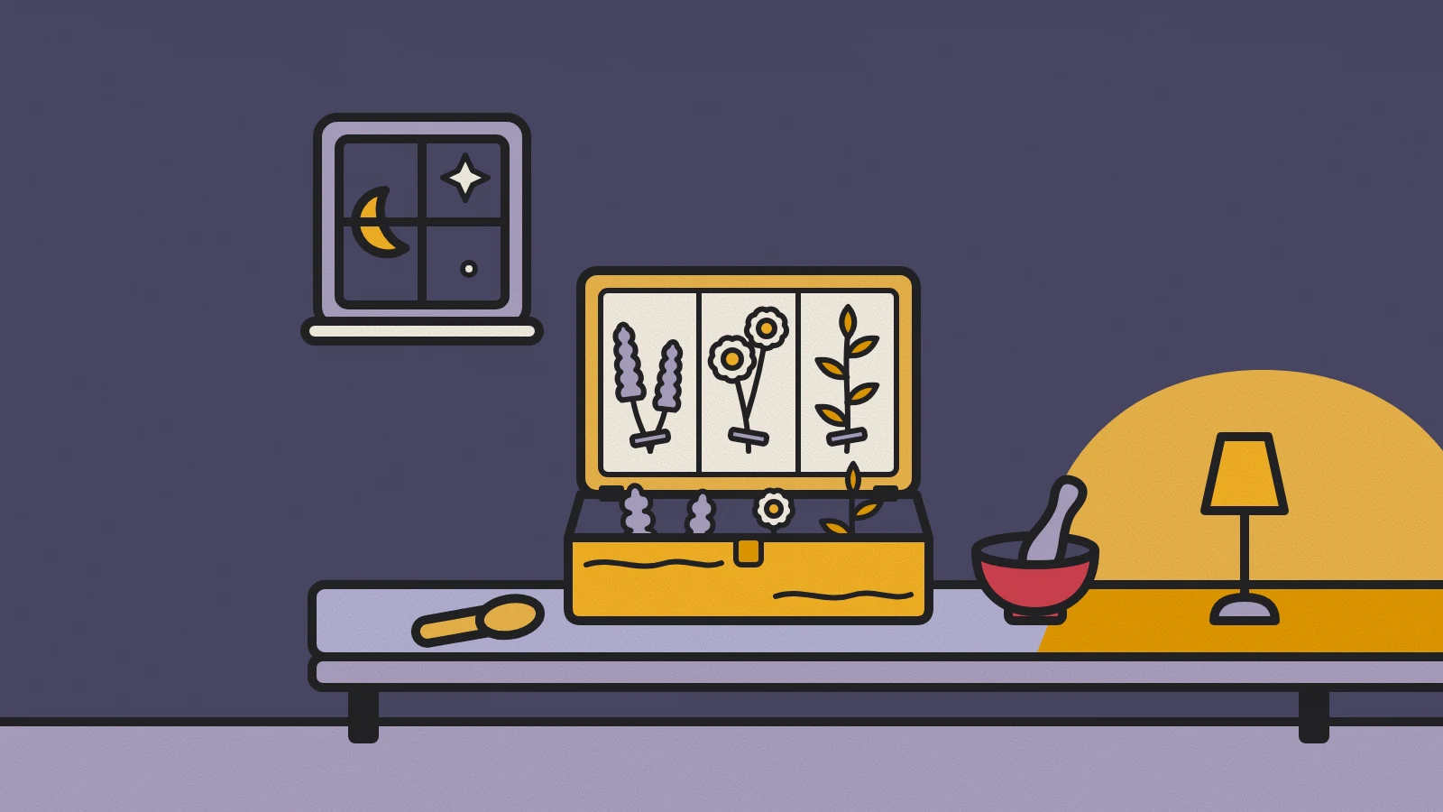 Ilustración: una caja de madera con plantas secas ordenadas como en un herbario, un mortero y una cuchara.